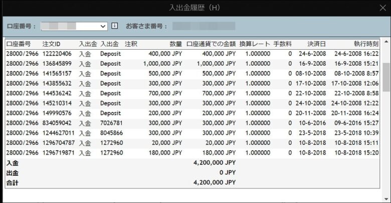 Saxo Trader GO 入出金履歴確認 入出金履歴一覧が表示 