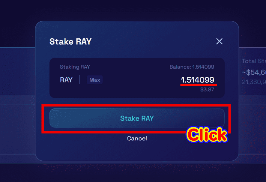 ステークするRAYの数量を入力して「Stake RAY」をクリック