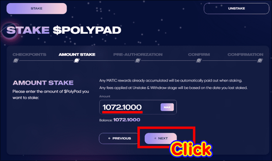 ステーキングを行うPOLYPADの数量を入力して「NEXT」をクリック
