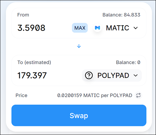 再度ステーキングを行う場合はQuickSwapというDEXで「MATIC」を「POLYPAD」へ交換