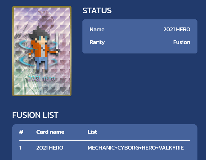 今回PixelLandでフュージョン（合成）を行うのは「2021 HERO」というFランクのNFTカード